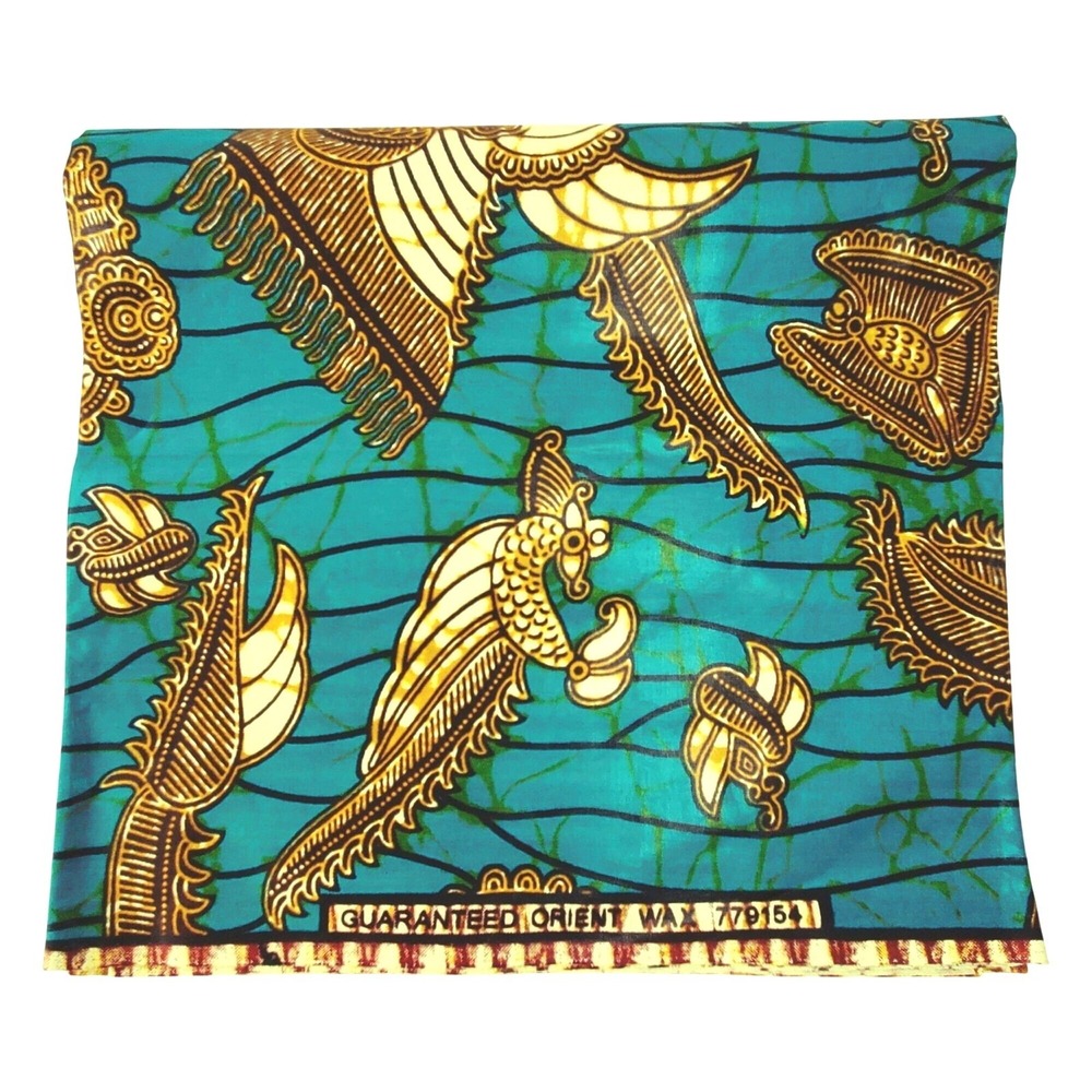 Guaranteed Orient African Wax Print Fabric 36x45 Inches 1 Yd Turquoise & Gold